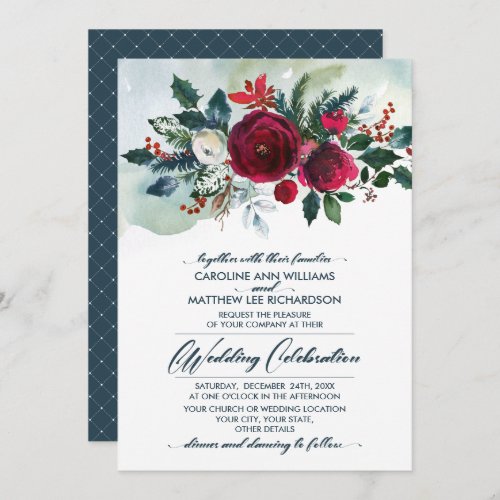 Dusty Blue  Burgundy Red Bloom Wedding Invitation