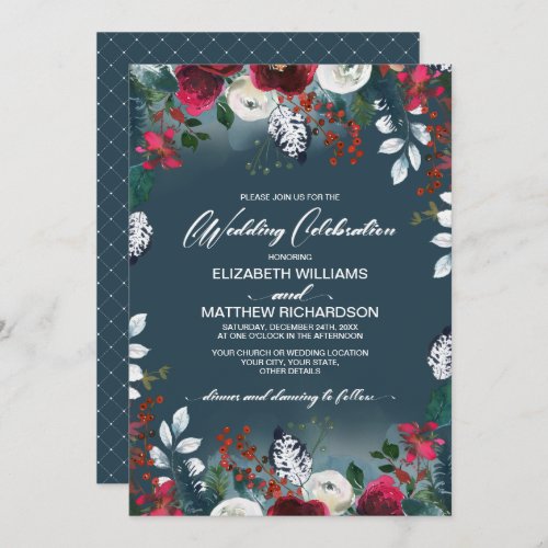 Dusty Blue  Burgundy Red Bloom Wedding Invitation