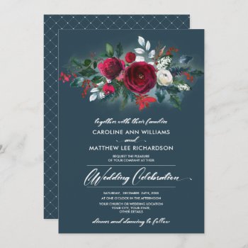 Dusty Blue | Burgundy Red Bloom Wedding Invitation by YourWeddingDay at Zazzle