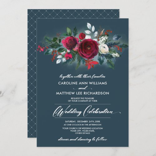 Dusty Blue  Burgundy Red Bloom Wedding Invitation