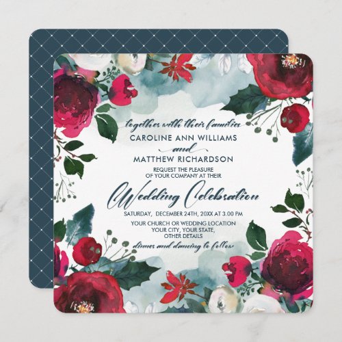 Dusty Blue  Burgundy Red Bloom Wedding Invitation