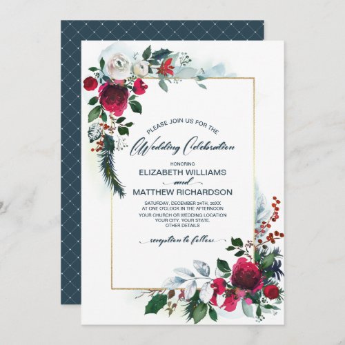 Dusty Blue  Burgundy Red Bloom Winter Wedding Invitation