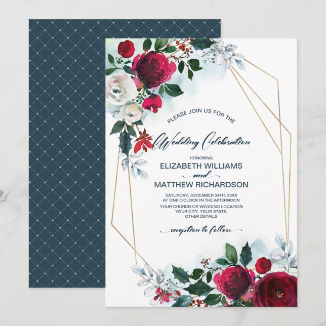 Dusty Blue | Burgundy Red Bloom Winter Wedding Invitation (Front/Back)