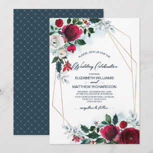 Dusty Blue Burgundy Red Bloom Winter Wedding Invitation