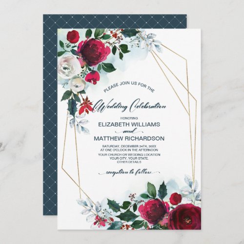 Dusty Blue  Burgundy Red Bloom Winter Wedding Invitation