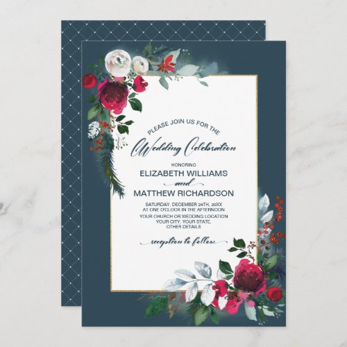 Dusty Blue  Burgundy Red Bloom Winter Wedding Invitation