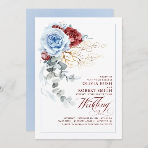 Dusty Blue  Burgundy Red Boho Floral Wedding Invitation