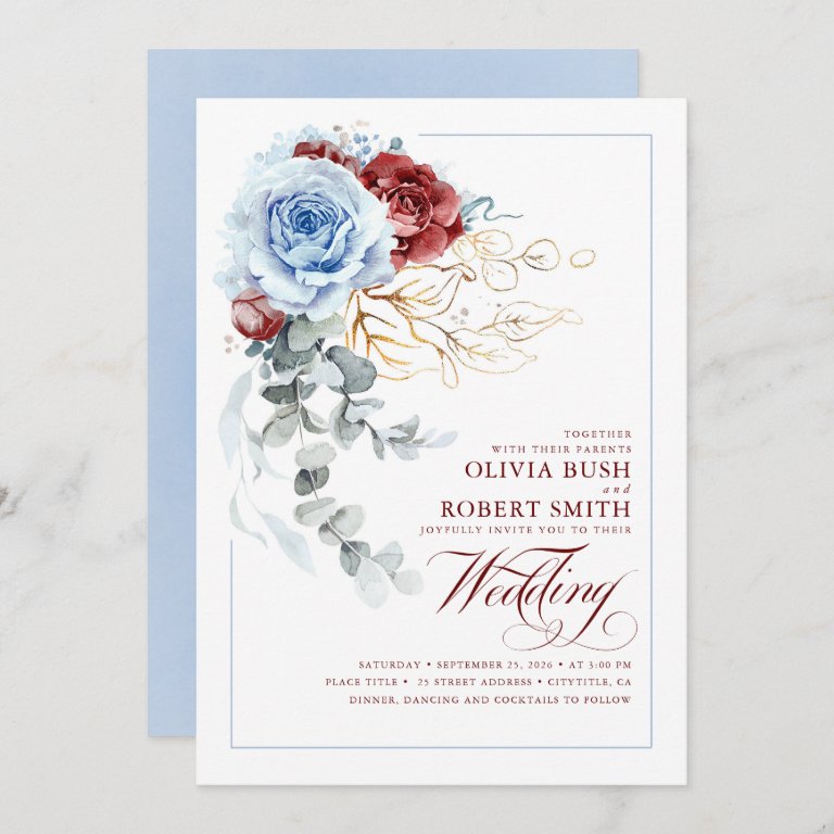 Dusty Blue &amp; Burgundy Red Boho Floral Wedding Invitation