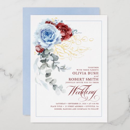 Dusty Blue  Burgundy Red Floral Boho Wedding Foil Invitation