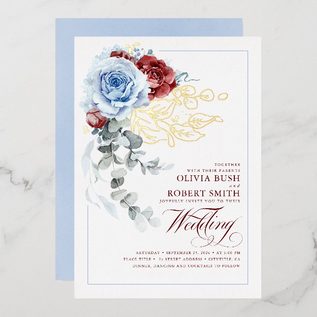 Dusty Blue & Burgundy Red Floral Boho Wedding Foil Invitation (Front/Back)