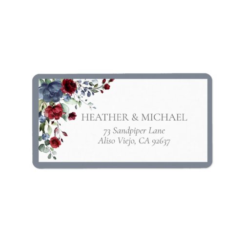 Dusty Blue Burgundy Red Floral Watercolor Address Label