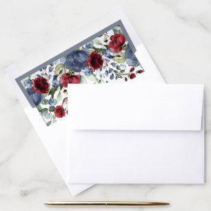 Dusty Blue Burgundy Red Floral Watercolor Envelope Liner