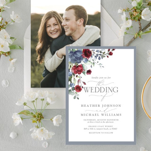 Dusty Blue Burgundy Red Floral Watercolor Photo Invitation (Creator Uploaded)