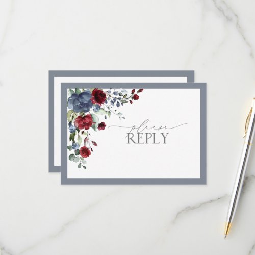 Dusty Blue Burgundy Red Floral Watercolor RSVP