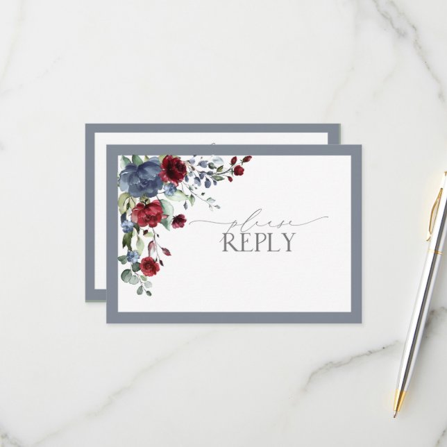 Dusty Blue Burgundy Red Floral Watercolor RSVP (Front/Back In Situ)