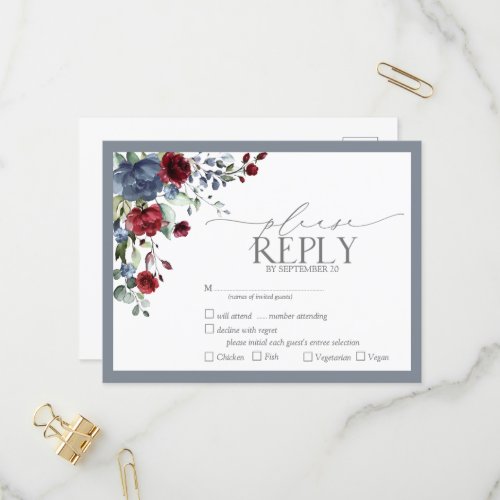 Dusty Blue Burgundy Red Floral Watercolor RSVP Invitation Postcard