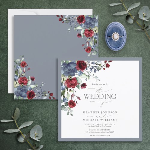 Dusty Blue Burgundy Red Floral Watercolor Script Invitation