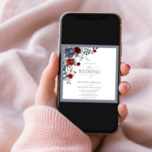 Dusty Blue Burgundy Red Floral Watercolor Script Invitation