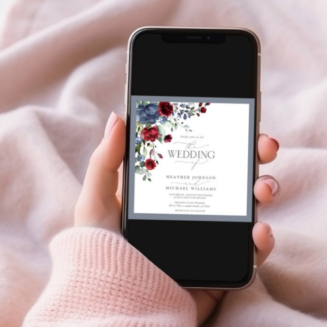 Dusty Blue Burgundy Red Floral Watercolor Script Invitation (Creator Uploaded)