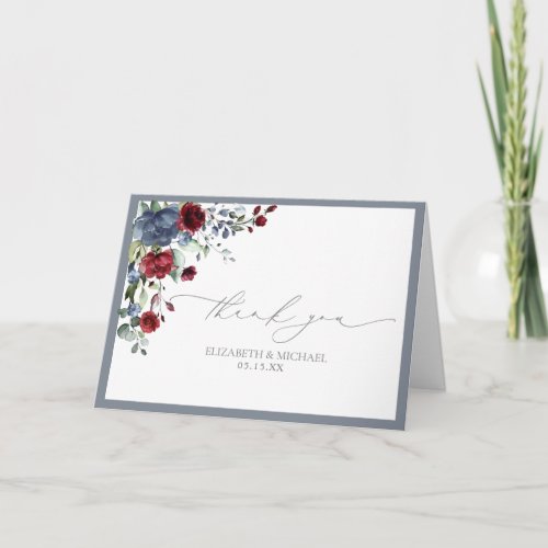 Dusty Blue Burgundy Red Floral Wedding Card