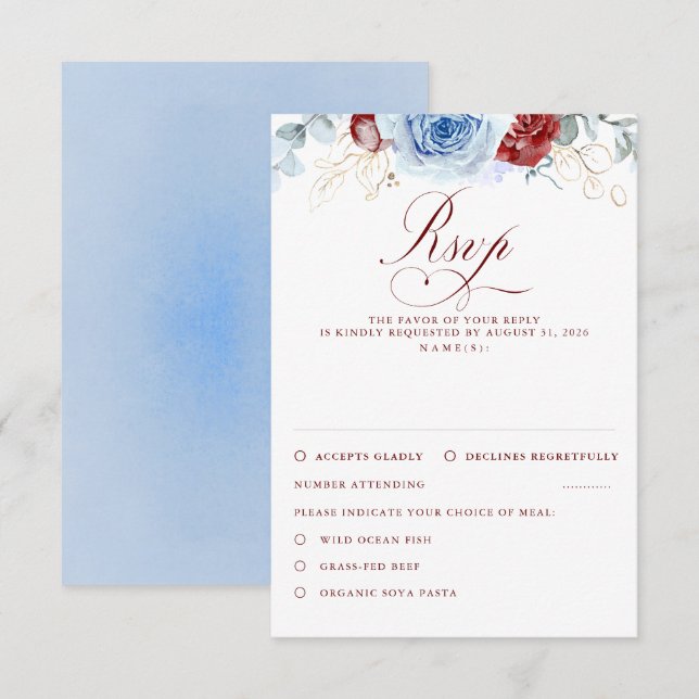 Dusty Blue Burgundy Red Flowers Wedding RSVP (Front/Back)