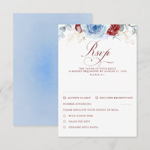 Dusty Blue Burgundy Red Flowers Wedding RSVP Card