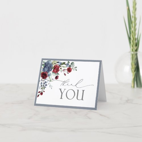 Dusty Blue Burgundy Red Watercolor Thank You Card