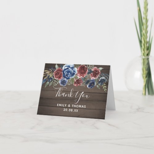 Dusty Blue Burgundy Rustic Wood Watercolor Floral Thank You Card