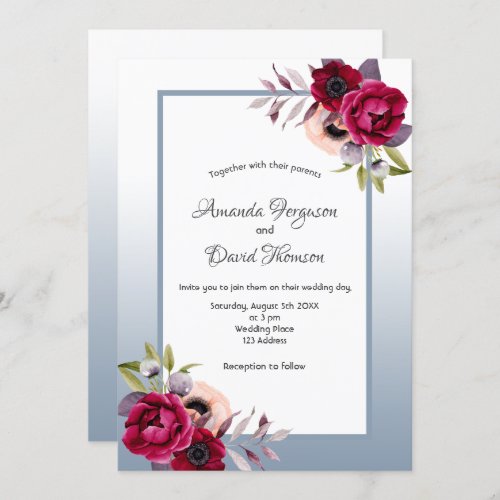 Dusty blue burgundy watercolored florals wedding invitation