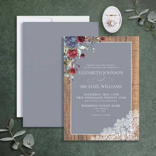 Dusty Blue Burgundy Wood Lace Script Wedding Invit Invitation