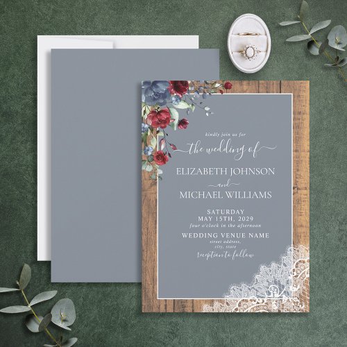 Dusty Blue Burgundy Wood Lace Script Wedding Invitation