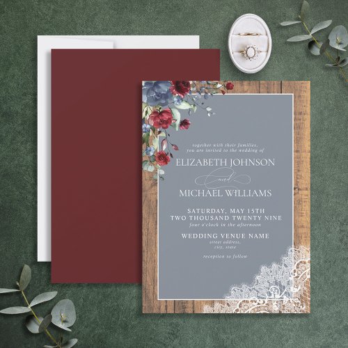 Dusty Blue Burgundy Wood Lace Script Wedding Invitation