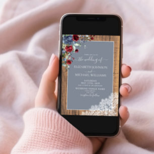 Dusty Blue Burgundy Wood Lace Script Wedding Invitation