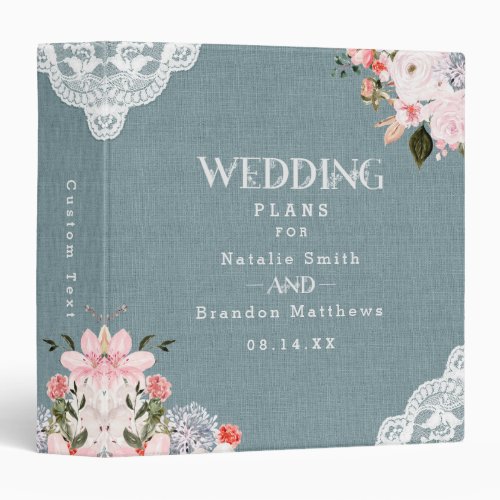 Dusty Blue Burlap Lace and Floral Wedding Planner 3 Ring Binder