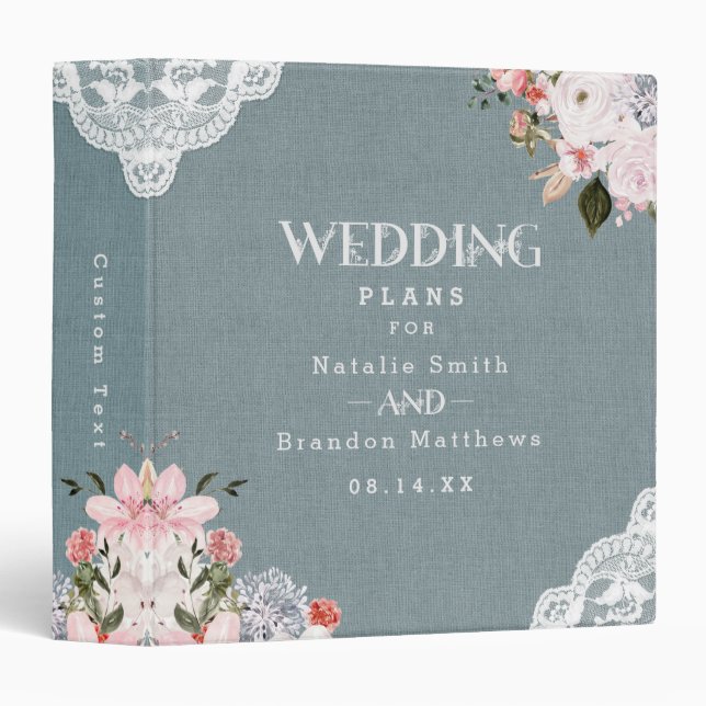 Dusty Blue Burlap Lace and Floral Wedding Planner 3 Ring Binder (Front/Spine)