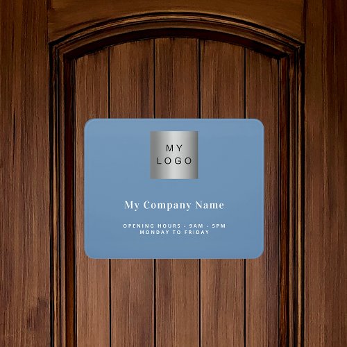 Dusty blue business logo name opening hours door sign