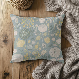 Dusty Blue Butter Yellow Beige Modern Floral Print Throw Pillow