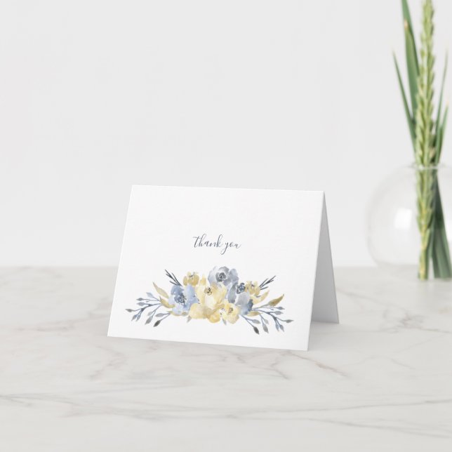 Dusty Blue Butter Yellow Watercolor Floral  Thank You Card (Front)