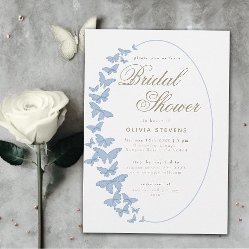 Dusty Blue Butterflies Boho Elegant Bridal Shower Invitation