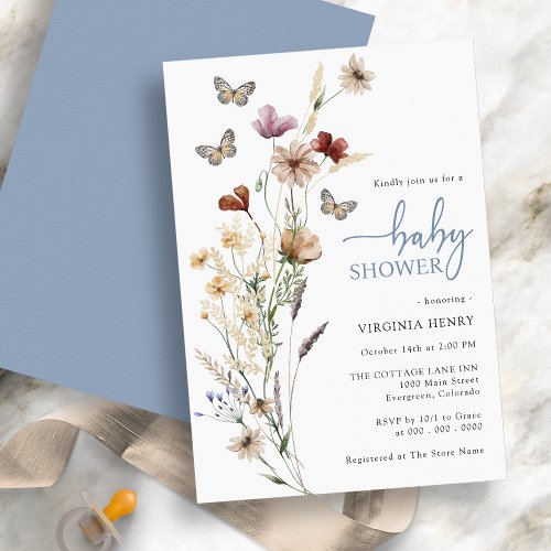 Dusty Blue Butterfly Baby Shower Invitation