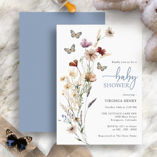Dusty Blue Butterfly Baby Shower Invitation (Boho Wildflowers Butterfly Blue Baby Shower Invitation by Painted Paperie
)