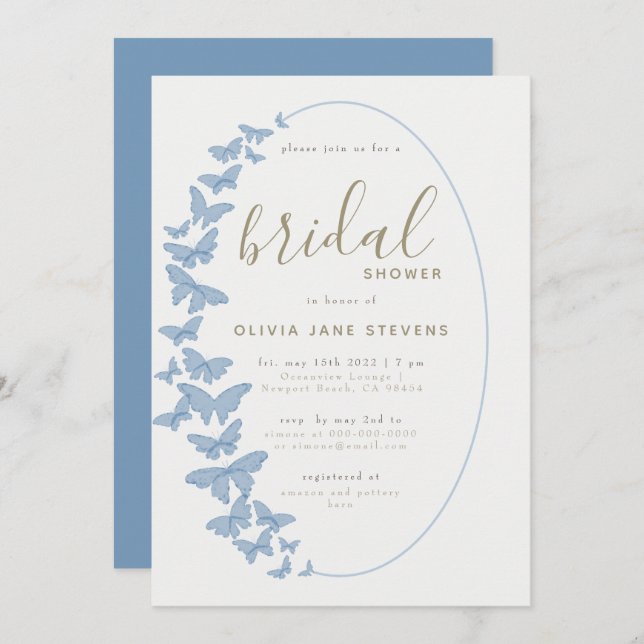 Dusty Blue Butterfly Boho Frame Bridal Shower Invitation (Front/Back)
