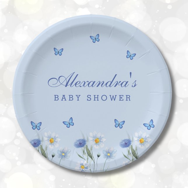 Dusty Blue Butterfly Boho Wildflower Baby Shower Paper Plates (Creator Uploaded)