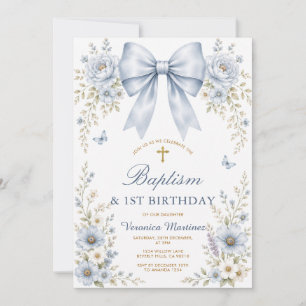 Dusty Blue Butterfly Bow Baptism & 1st Birthday Invitation