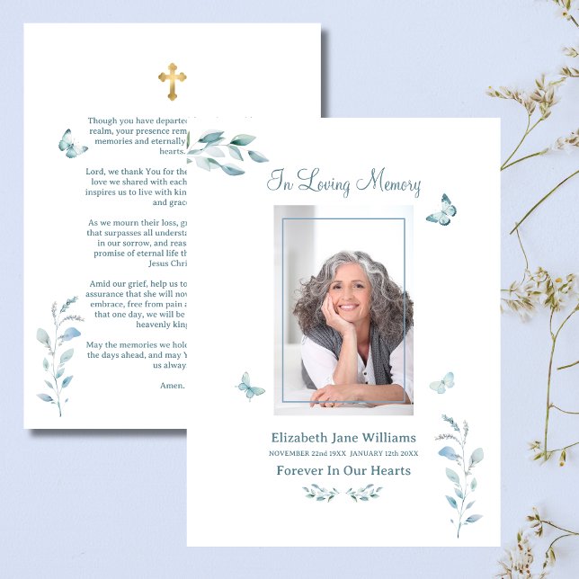 Dusty Blue Butterfly  Funeral Memorial Prayer   Note Card (Creator Uploaded)