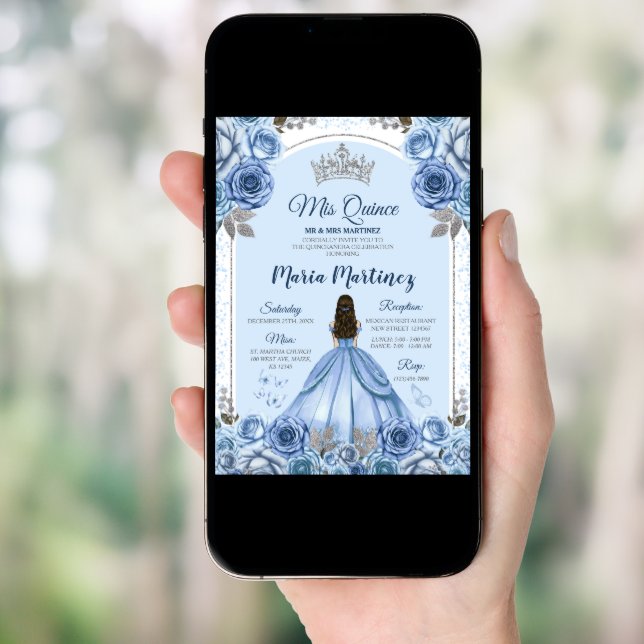 Dusty Blue Butterfly Princess Silver Quinceañera Invitation (Front Digital)