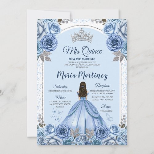 Dusty Blue Butterfly Princess Silver Quinceaera Invitation