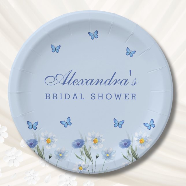 Dusty Blue Butterfly Wildflower Bridal Shower Paper Plates (Creator Uploaded)