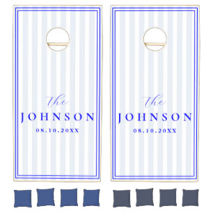 Dusty Blue Cabana Stripe Monogram Wedding Cornhole Set
