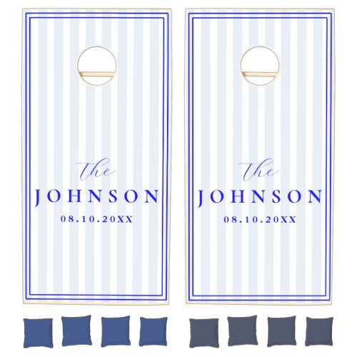 Dusty Blue Cabana Stripe Monogram Wedding Cornhole Set